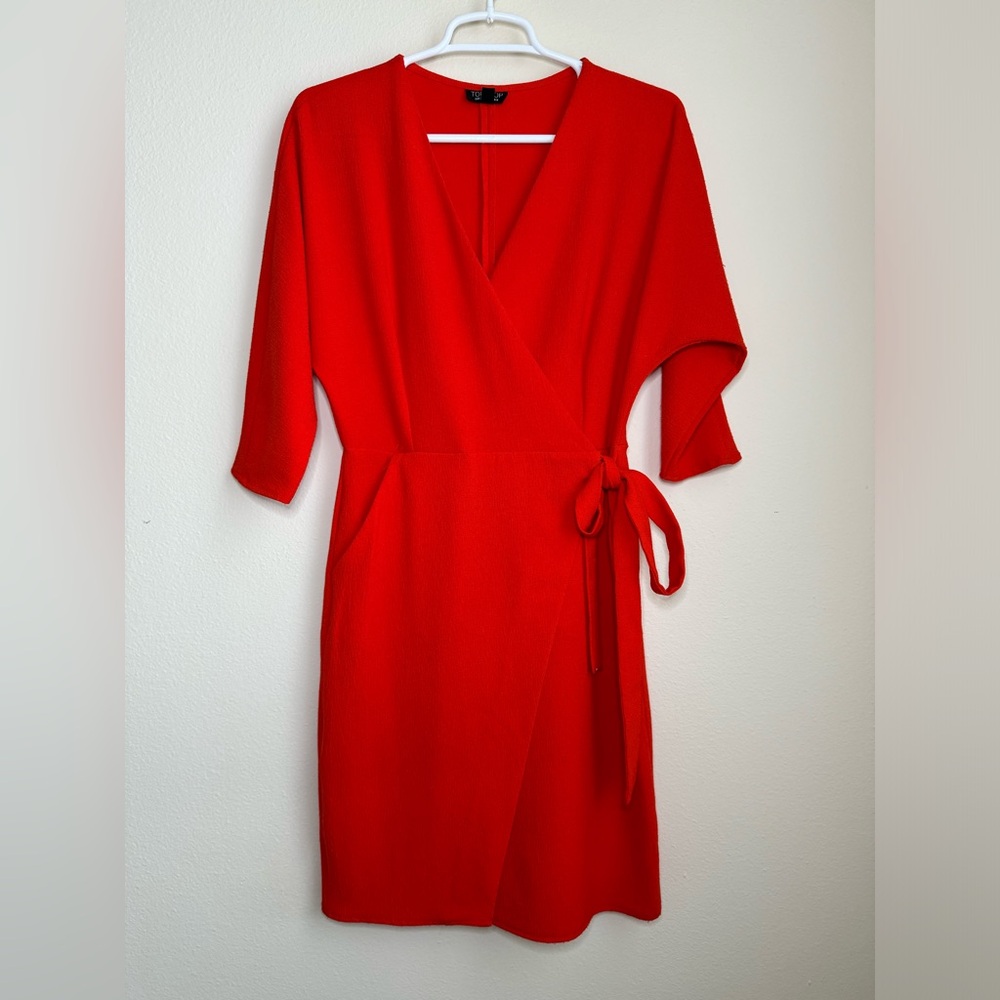 TopShop Wrap Dress 4 Tomato Red Dolman Sleeves Knee Length Stretch Side Tie